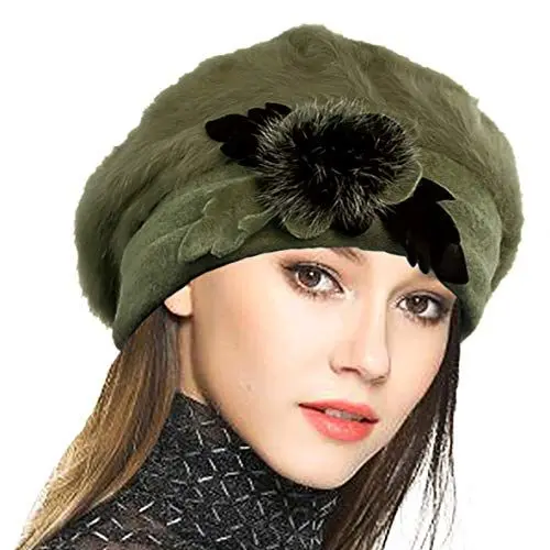 Produktbild: VECRY Damen Wolle Barette Angola Kleid Beanie Schädel Mützen Stricken Winter Hüte (Grün)