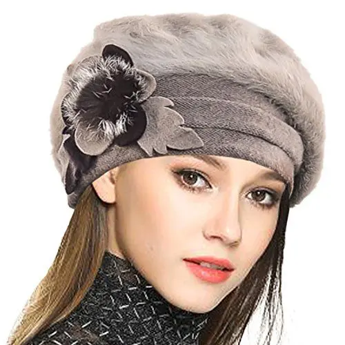 Produktbild: VECRY Damen Wolle Barette Angola Kleid Beanie Schädel Mützen Stricken Winter Hüte (Khaki)