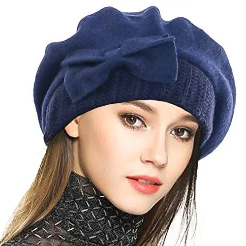 Produktbild: VECRY Frauen Barette 100% Wolle Baskenmütze Kleid Mütze Wintermütze (Marine)