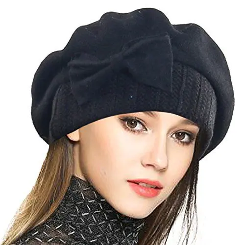Produktbild: VECRY Frauen Barette 100% Wolle Baskenmütze Kleid Mütze Wintermütze (Schwarz)
