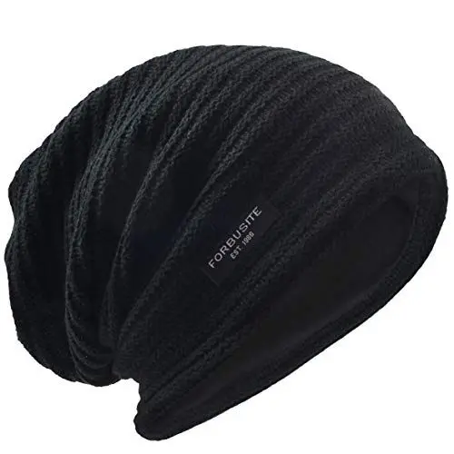 Produktbild: VECRY Herren Lässige Mütze Strickmütze Schädeldecke Lange Gefütterte Winter Sommer Hüte (Solide Schwarz)
