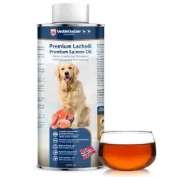 Produktbild: Veddelholzer Lachsöl für Hunde 1 Liter in recycelbarer Weißblechdose Ideale Hochwertige Nahrungsergänzung Mit Omega3 Fettsäuren & Vitamin E Nachhaltiges Fischöl für Hund Pferd & Umwelt