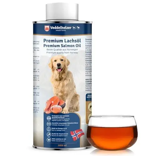 Produktbild: Veddelholzer Lachsöl für Hunde 1 Liter in recycelbarer Weißblechdose Ideale Hochwertige Nahrungsergänzung Mit Omega3 Fettsäuren & Vitamin E Nachhaltiges Fischöl für Hund Pferd & Umwelt