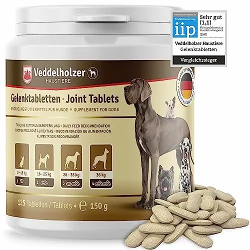 Produktbild: Veddelholzer VERGLEICHSSIEGER 2024 Hunde Gelenktabletten mit Grünlippmuschel Hund MSM & Teufelskralle Glucosamin & Kollagen 125 Kapseln Hunde Leckerlis