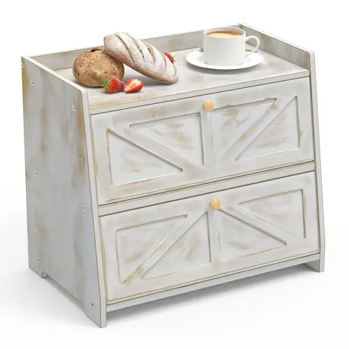 Produktbild: VEDECASA Bambus Brotkasten 2 Regale Brotbox für küche Großer Brotbehälter Lebensmittelecht Brotaufbewahrung Bambus Brotkästen 40x25x35cm Altmodisch Weiß