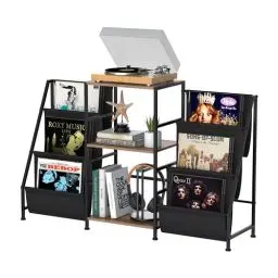 Produktbild: VEDECASA Bücherregal Beistelltisch mit 3-stöckiges Regal Vinyl Schallplatten Aufbewahrung Beistelltisch für Wohnzimmer Schallplattenständer Mit Vinyl Player Für Bis Zu 200 Die Alben
