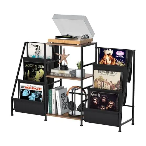 Produktbild: VEDECASA Bücherregal Beistelltisch mit 3-stöckiges Regal Vinyl Schallplatten Aufbewahrung Beistelltisch für Wohnzimmer Schallplattenständer Mit Vinyl Player Für Bis Zu 200 Die Alben