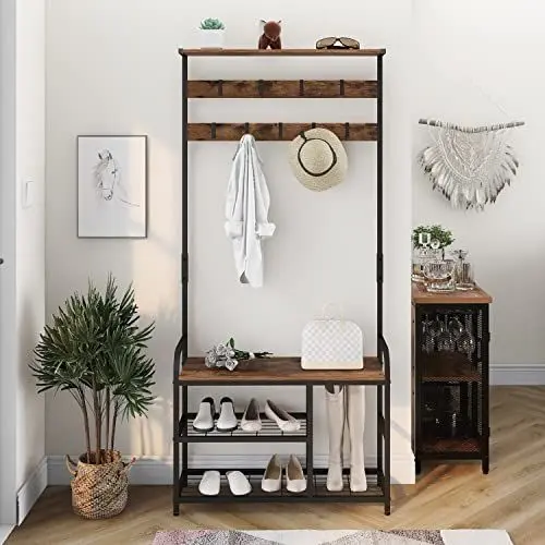 Produktbild: VEDECASA Industrielle Garderobe Kleiderständer Schuhbank mit abnehmbaren Haken Bauernhaus Hall Baum Eingangsregal Aufbewahrungsregal Metallrahmen Großer rustikaler Brown Einfach zu montieren (Brown)