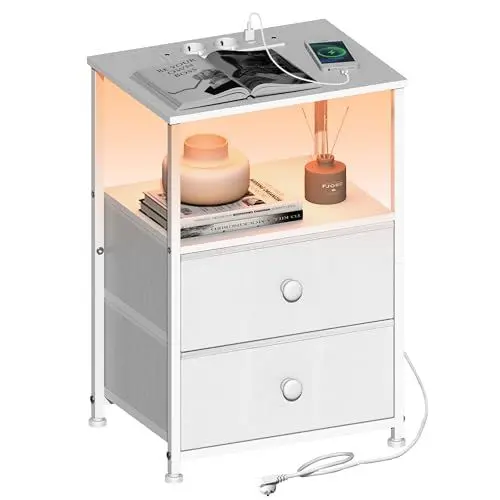 Produktbild: VEDECASA Nachttisch mit Ladestation und LED-Lichtern Moderner Weißer Nachttisch mit 2 Schubladen und offenen Regalen Moderner Beistelltisch für Schlafzimmer Gästezimmer