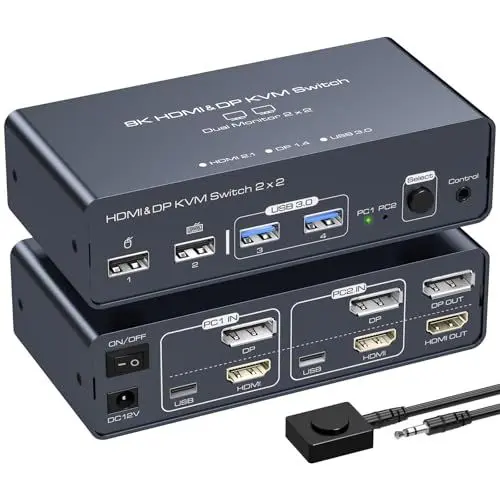 Produktbild: VEDINDUST HDMI+Displayport KVM Switch 2 PC 2 Monitors 4K@120Hz 8K@60Hz Aluminium KVM Switches Geeignet für 2 Computer Die Sich 2 Monitore und 4 USB-Geräte Teilen Mit 2 USB 3 .0