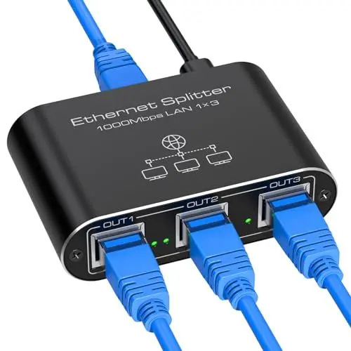 Produktbild: VEDINDUST LAN Switch 1 Auf 3 1000Mbps Netzwerk Splitter Aluminium Gigabit Ethernet Verteiler Mit USB-C-Netzkabel für Computer, Router, Set-Top Box