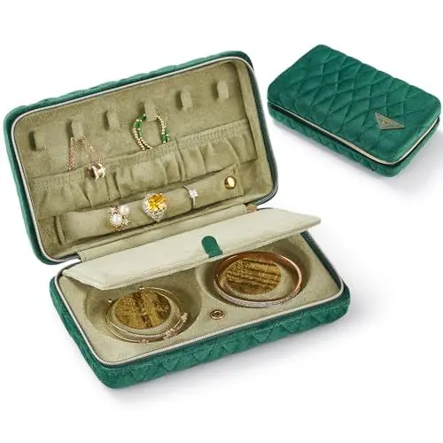 Produktbild: Vee Kleine Schmuckkästchen für Damen,Tragbarer Reise Schmuckaufbewahrung Diamant gestepptes Leder Schmuckbox für Armbänder, Ringe, Halsketten,Geschenkidee (Grün)