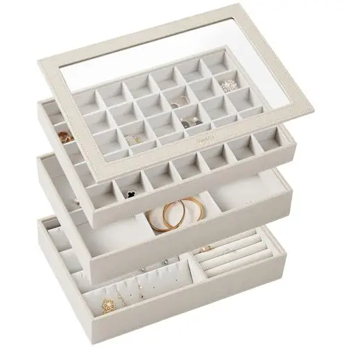 Produktbild: Vee Schmuckkästchen,Schmuckkasten mit 3 Ebenen,Schmuckaufbewahrung mit Glasdeckel,Schmuckschatulle Stapelbar,viel Stauraum,PU Leder Schmuck Organizers,Geschenk für Mädchen Frauen,Grau,30x21x15cm