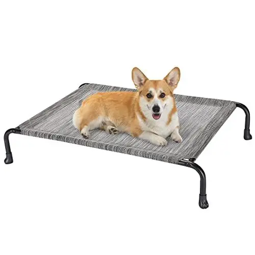 Produktbild: Veehoo Erhöhtes Hundeliege Outdoor, Kühlendes Hundebett für Mittelgroße Hunde, Langlebiges Haustier-Hängemattenbett mit rutschfesten Füßen, Waschbares kaubeständiges Mesh, Medium, Schwarz Silber