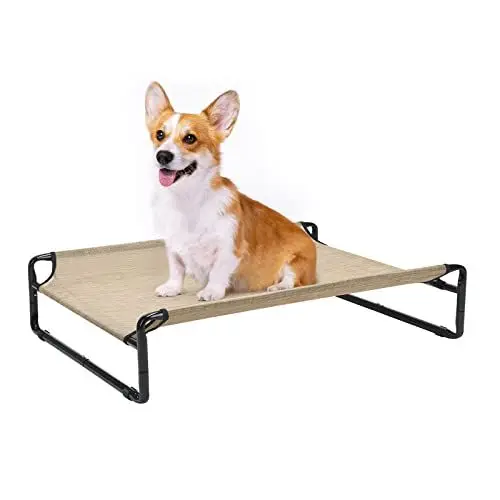Produktbild: Veehoo Hundeliege Outdoor, Kühlendes Erhöhtes Hundebett für Mittelgroße Munde, Tragbares Stehendes Haustierbett mit Waschbarem Atmungsaktivem Netz, rutschfeste Füße, Medium, Kaffeebeige