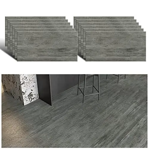 Produktbild: VEELIKE PVC Bodenbelag Betonoptik Bodenfliesen Selbstklebende Vinylboden Retro Fliesenaufkleber Boden Klebefliesen Küchenfliesen Wasserfest Vinyl Fliesen Badezimmer Schlafzimmer 60cm x 30cm 12 Stück