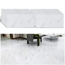 Produktbild: VEELIKE PVC Bodenbelag Selbstklebend Bodenfliesen Weiss Marmor Vinyl Fliesen Klebefliesen Boden Vinylboden Fliesenoptik Fußbodenbelag Fliesenaufkleber Boden Bad Küchen Garage 60cm×30cm 24 Stück