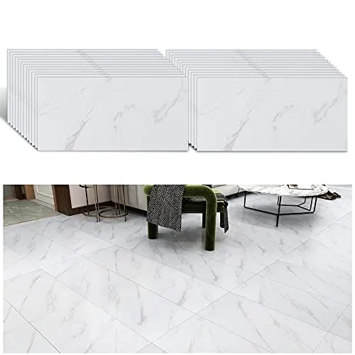 Produktbild: VEELIKE PVC Bodenbelag Selbstklebend Bodenfliesen Weiss Marmor Vinyl Fliesen Klebefliesen Boden Vinylboden Fliesenoptik Fußbodenbelag Fliesenaufkleber Boden Bad Küchen Garage 60cm×30cm 24 Stück