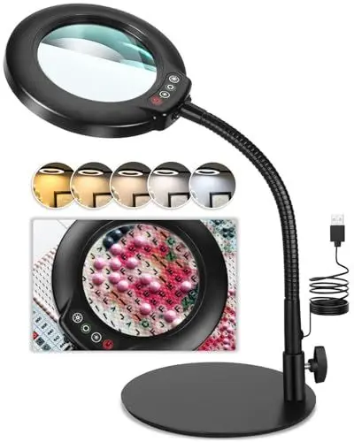 Produktbild: Veemagni 10X Lupe mit Licht und Ständer, 5 Farbmodi stufenlos dimmbare LED beleuchtete Schreibtischlampe, Hände frei Flexible Schwanenhals Lupe mit Licht für Handwerk Hobby Malerei Schließen Arbeit