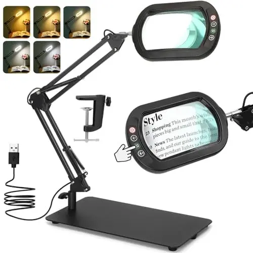 Produktbild: Veemagni 10X Rectangle Lupe mit Licht und Ständer, 5 Farbmodi stufenlos dimmbar, 2-in-1 LED beleuchtete Schreibtischlampe & Klemme, Hände frei Leselupe für das Lesen Handwerk Reparatur Malerei