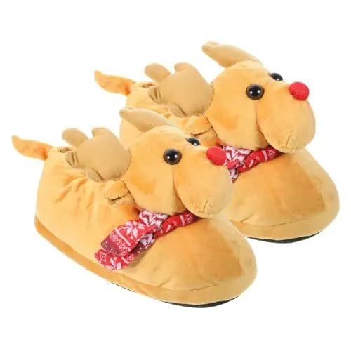 Produktbild: Veemoon 1 Paar Weihnachtliche Rehhausschuhe Kuscheliger Weihnachtsslipper Winter Fleece Slipper Flauschiges Schuhwerk Innenschuh Liebhaber Dot Plastiktuch Lederpantoffeln Herbst Und Winter