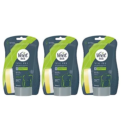 Produktbild: Veet Men Dusch-Haarentfernungscreme 3er Pack für Oberkörper & Beine - Enthaarungscreme für Männer, für normale Haut - 3 x 150 ml inkl. Schwamm