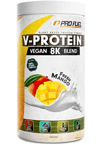 Produktbild: Vegan Protein – MANGO - V-Protein 8K Blend - unglaublich lecker & cremig - mit Protein aus Sonnenblume, Reis, Erbse, Hanf, Kürbis uvm. - pflanzliches Proteinpulver mit 78% Eiweiß