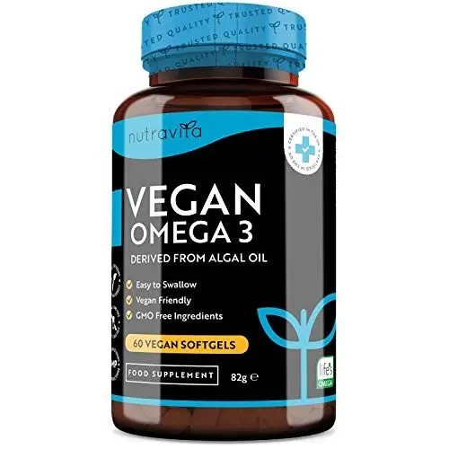 Produktbild: Vegane hochwirksame Omega 3 2000mg Weichkapseln - 600mg DHA & 300mg EPA pro Portion - pflanzliche Omega 3 Weichkapseln aus nachhaltigem Algenöl - 60 vegane Weichkapseln - Hergestellt von Nutravita