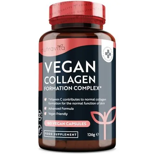 Produktbild: Veganes Kollagen Kapseln - 180 Collagen Kapseln Hochdosiert - Kollagen Vegane Alternative mit Aminosäuren L Lysin, Vitamin C, E, Zink & Kupfer - Für Haut, Haare, Nägel und Kollagenbildung - Nutravita