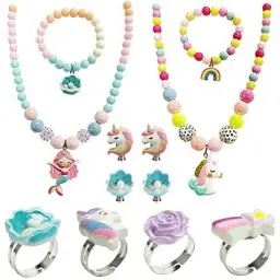 Produktbild: VEGCOO Kinderschmuck, 2 Stück Kinderkette Mädchen 2 Stück Armband Mädchen 4 Stück Ringe 2 Paar Ohrringe Für Mädchen Bunt Und Niedlich Mädchen Schmuck Für Geburtstags
