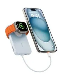 Produktbild: VEGER Mini Power Bank 20W PD, 10000mAh Powerbank mit Eingebautem Apple Kabel, mit Apple Watch Laden, 2x USB-C, Externer Handyakkus LED Display kompatibel mit iPhone, Apple Watch(9-1), Handys usw(Blau)