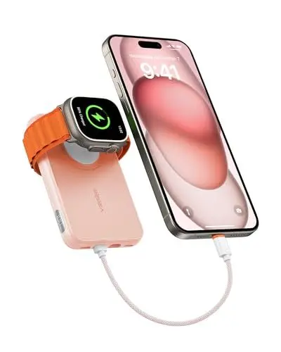 Produktbild: VEGER Mini Power Bank 20W PD, 10000mAh Powerbank mit Eingebautem Apple Kabel, mit Apple Watch Laden, 2x USB-C, Externer Handyakkus LED Display kompatibel mit iPhone, Apple Watch(9-1), Handys usw(Rosa)