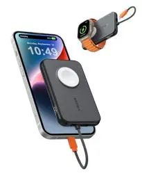 Produktbild: VEGER Mini Power Bank 20W PD, 5000mAh Powerbank mit Eingebautem Apple Kabel, mit Apple Watch Laden, 1x USB-C, Externe Handyakku LED Display kompatibel mit iPhone, Apple Watch(9-1),Handys usw(Schwarz)