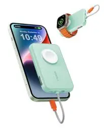 Produktbild: VEGER Mini Power Bank 20W PD, 5000mAh Powerbank mit Eingebautem Apple Kabel, mit Apple Watch Laden, 1x USB-C, Externer Handyakkus LED Display kompatibel mit iPhone, Apple Watch(9-1), Handys usw(Grün)
