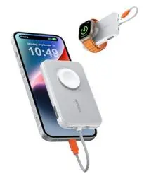Produktbild: VEGER Mini Power Bank 20W PD, 5000mAh Powerbank mit Eingebautem Apple Kabel, mit Apple Watch Laden, 1x USB-C, Externer Handyakkus LED Display kompatibel mit iPhone, Apple Watch(9-1), Handys usw(Weiß)