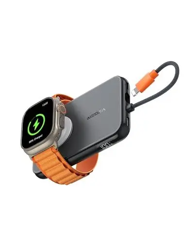 Produktbild: VEGER Mini Power Bank 5000mAh - Kompakter Powerbank mit integriertem Apple-Kabel, 2 Eingängen & 3 Ausgängen, 20W PD Schnellladung, ideal für Apple Watch, iPhone & USB-C Smartphones(Schwarz)