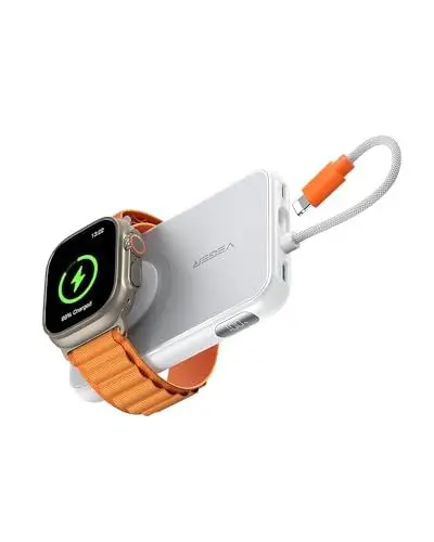Produktbild: VEGER Mini Power Bank 5000mAh - Kompakter Powerbank mit integriertem Apple-Kabel, 2 Eingängen & 3 Ausgängen, 20W PD Schnellladung, ideal für Apple Watch, iPhone & USB-C Smartphones(Weiss)