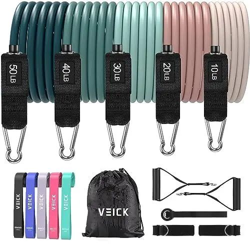 Produktbild: VEICK Resistance Bands Widerstandsbänder Set 5 Fitnessbänder Expander Tube Rubber Bands, Fitnessband mit Tragtasche, Pilates Krafttraining Physiotherapie