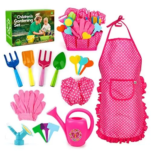 Produktbild: Veitch Fairytales Gartengeräte Für Kinder, Gartenwerkzeug Set Gießkanne Gartenhandschuhe Gartenschürze Gartenschaufel Klein, Gärtner Gartentasche Schaufel Gartenset Kinder Garten Spielzeug (Rot)