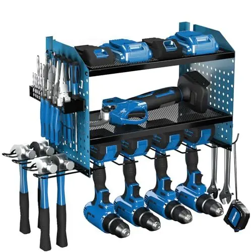 Produktbild: Veitorld Metall Werkzeughalter Wand mit Ladestation, Werkzeug Wandhalterung, Werkstatt Werkzeugregal für Akkuschrauber Schraubendreher Bohrmaschine Bohrer Akku, Geschenke für Männer, Blau