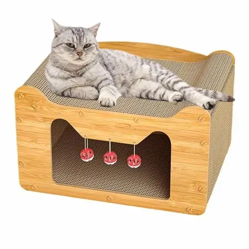 Produktbild: VEIYI Kratzbrett Katzenhöhle Katzen 2 in1 Katzenhaus Katzenkratzbrett Kratzpappe Loungemöbel Kartonkratzer Kätzchen mit Katzenglocken, 60 * 30 * 30cm, Katzenohrform