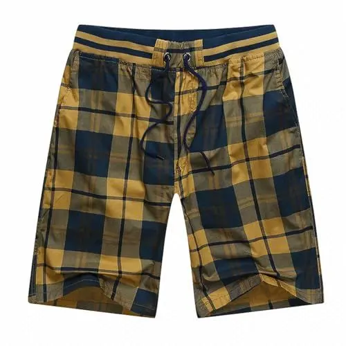 Produktbild: vejtmcc Lässige, lockere, Karierte Shorts für Herren mit elastischem Bund, atmungsaktiv und schweißableitend, 12,7 cm Trainingsshorts Herren (Yellow, XXL)