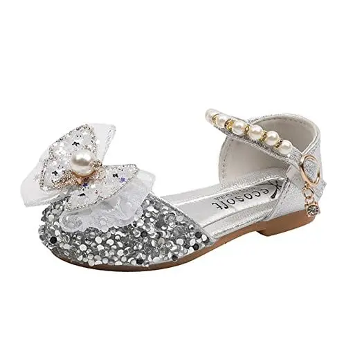 Produktbild: vejtmcc Schleife Kunststoff Metall Perle Strass Farbabstimmung Farbverlauf Frühlingsschuhe für Mädchen Mädchen Schuhe Sneaker (Silver, 33.5 Big Kids)
