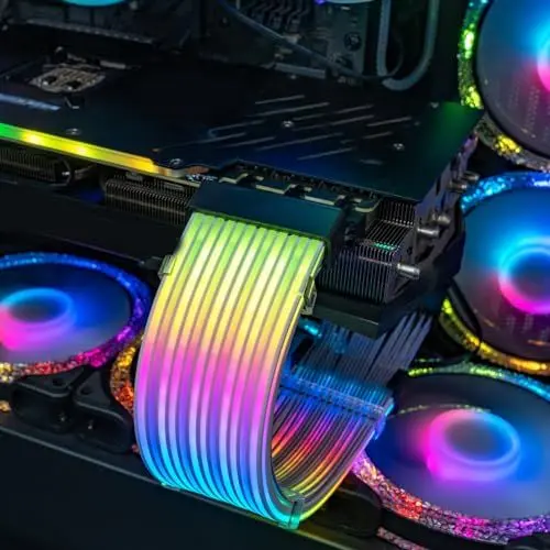 Produktbild: VELATEMOR RGB-Netzteil-Verlängerungskabel, RGB-Glasfaser-LED mit Zwei Lichtquellen, 18 AWG 24-poliges ATX-ARGB-Netzteilkabel, 5-V-3-poliger Adapter, 9,5 Zoll Lang, für E-ATX-Motherboard