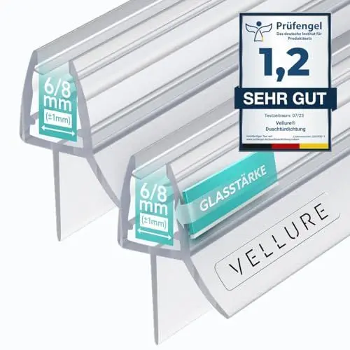 Produktbild: Vellure® Duschdichtung - NEU Premium Dichtung Dusche Glastür - Langlebige Duschtürdichtung unten, Gummilippe für Duschtüren (2x für Glasstärke 6mm - Universallänge bis 100cm)
