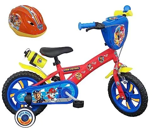 Produktbild: Vélo ATLAS Jungen Kinderfahrrad Paw Patrol Fahrrad 12 Zoll (30,5 cm) mit 1 Bremse, dekorativer Frontplatte, Schutzblech, Gehäuse und Stabilisatoren + Helm inklusive, rot, 12''