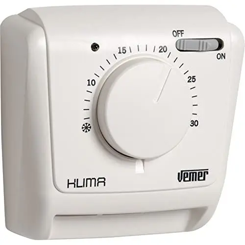 Produktbild: VEMER VE021200 KLIMA SI - Mechanischer Raumthermostat, Heizungsthermostat, Thermostat mit Betrieb Heizung und Klimaanlage, EIN/AUS-Schalter + EIN-Licht, Weiß