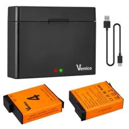 Produktbild: Vemico OSMO Action 4/3 Akku Ladegerät Kit 2 Pack 1800mAh Ersatzakkus Typ C USB Doppelt Kanäle LED Ladegerät für OSMO Action 4/OSMO Action 3 Kamera