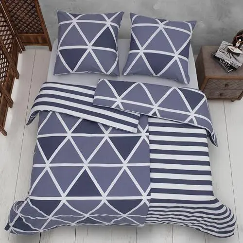 Produktbild: Vency Bettwäsche 135x200 4-Teilig Blau - Oeko-TEX 80% Baumwolle & 20% Polyester, 2X Bettbezug Reißverschluss + 2X Kissenbezug 80x80 Umschlagverschluss, Stripe Modell