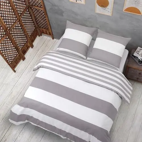Produktbild: Vency Bettwäsche 135x200 4-Teilig Grau & Weiß - Oeko-TEX 80% Baumwolle & 20% Polyester, 2X Bettbezug Reißverschluss + 2X Kissenbezug 80x80 Reißverschluss, Still Modell